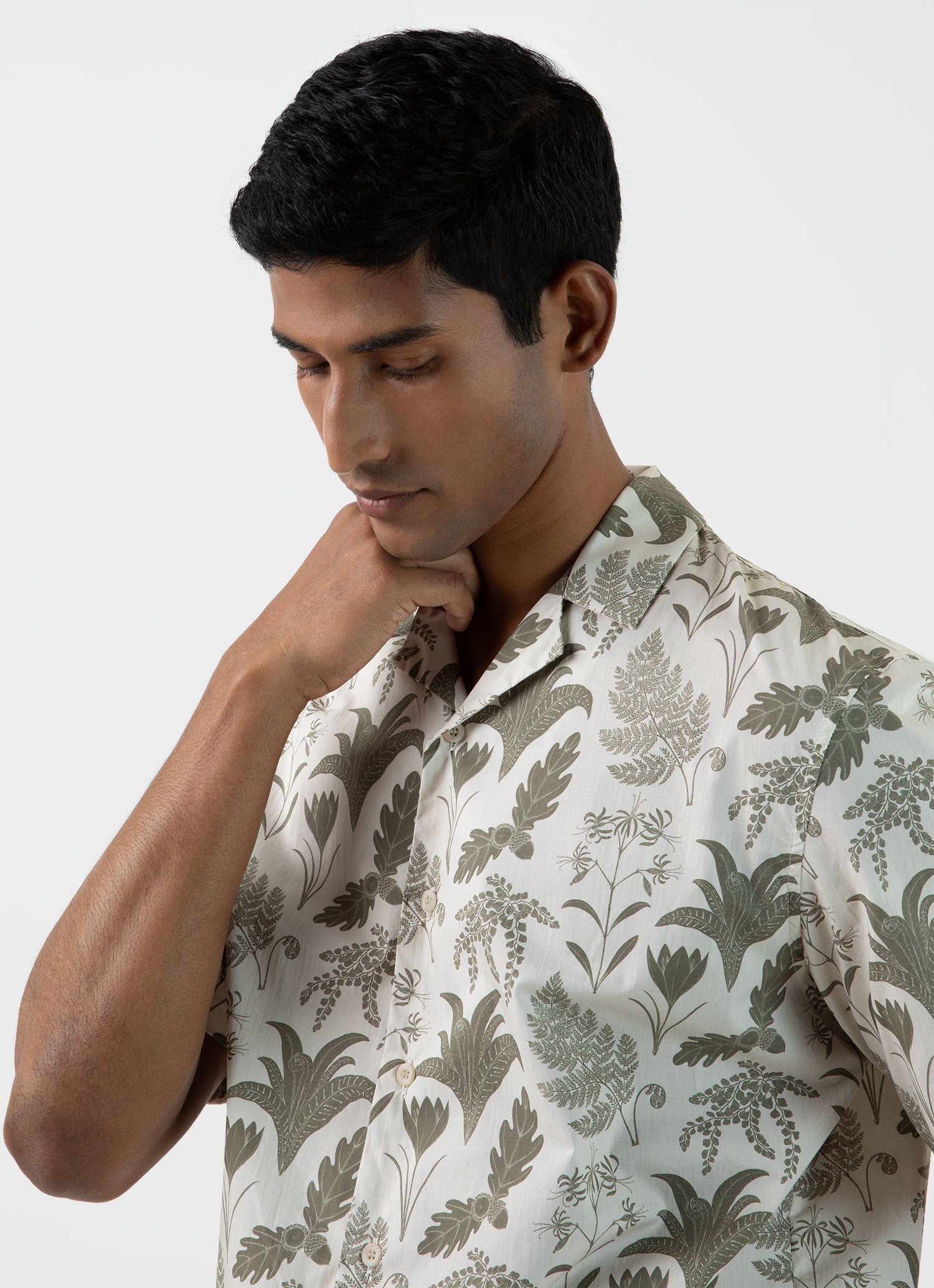 Men's Leaf Print Camp Collar Shirt in Ecru