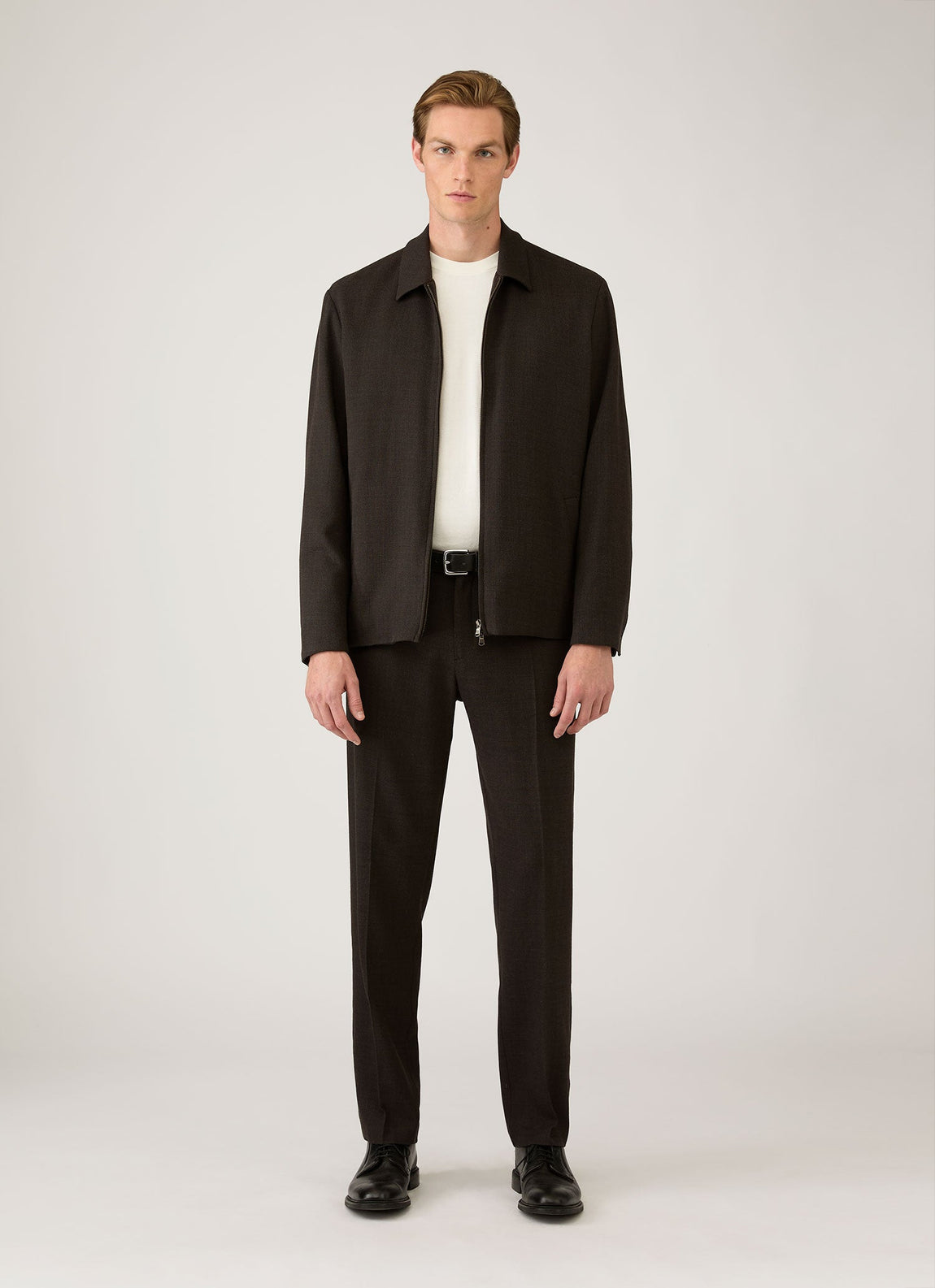 Men's Light Textured Wool Harrington Jacket in Truffle