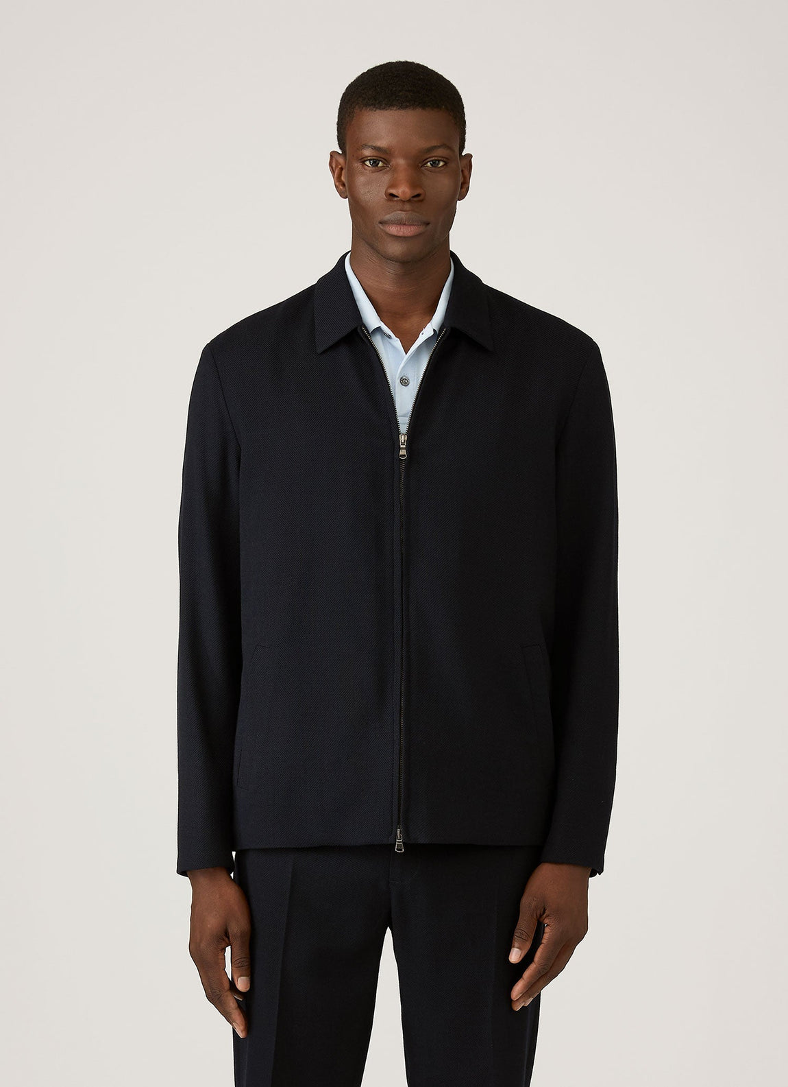 Men's Light Textured Wool Harrington Jacket in Navy