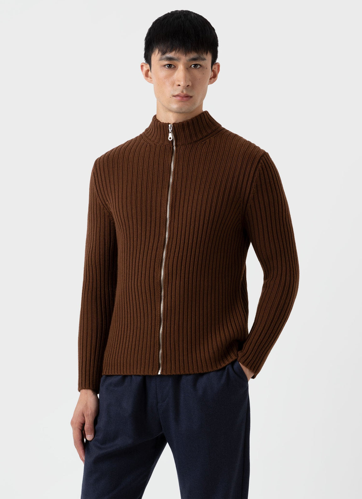 Men's Merino Rib Zip Cardigan in Pecan