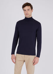 Men's Sea Island Cotton Roll Neck Sweater in Light Navy