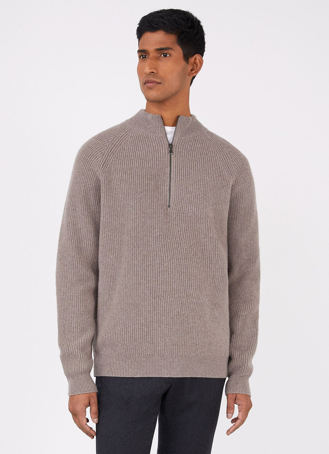 Men's Lambswool Cashmere Zip Neck Jumper in Oatmeal Melange