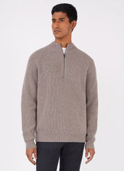 Men's Lambswool Cashmere Zip Neck Jumper in Oatmeal Melange