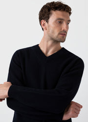 Men's Lambswool V-neck Jumper in Dark Navy Mouline