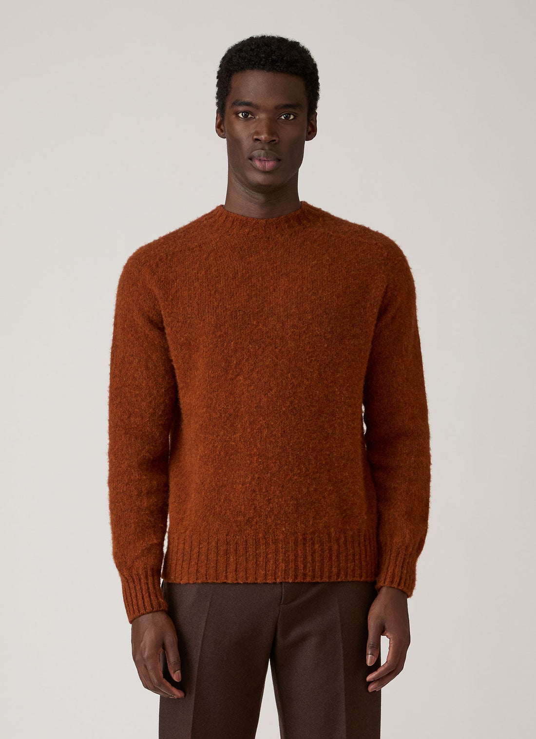 Men's Shetland Crew Neck Jumper in Dark Tobacco