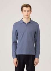 Men's Long Sleeve Piqué Polo Shirt in Selvedge Blue