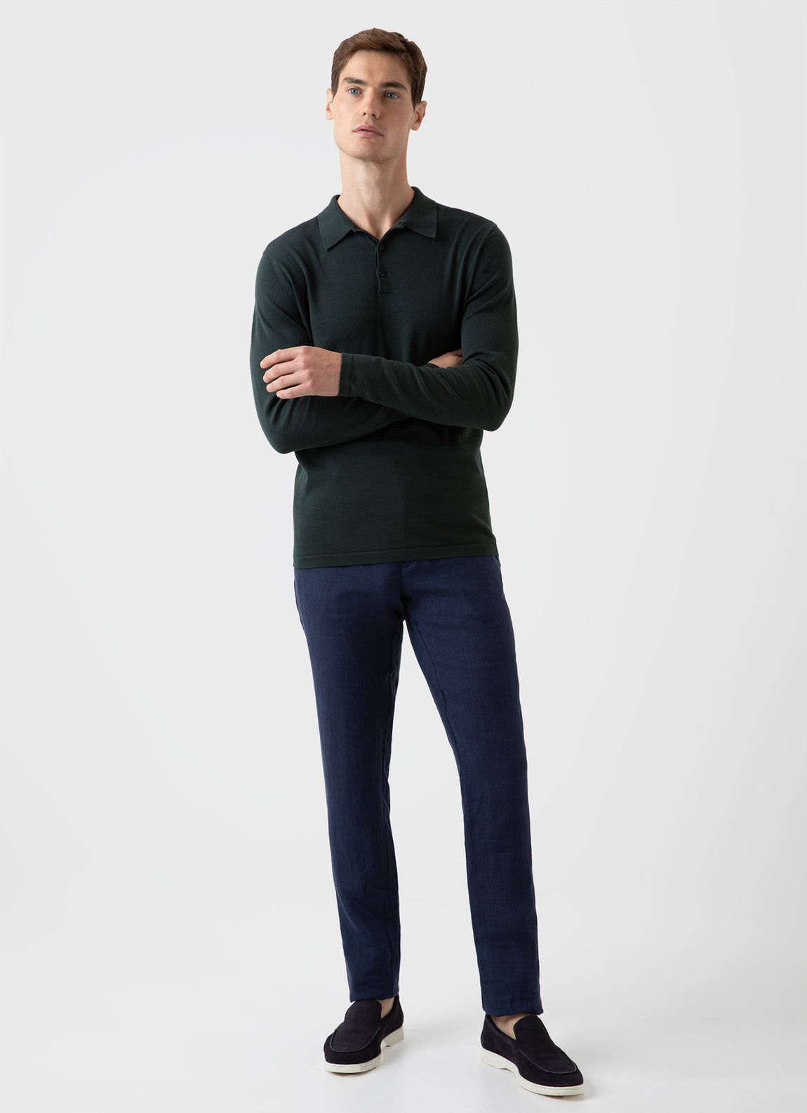 Men's Sea Island Cotton Long Sleeve Polo Shirt in Seaweed