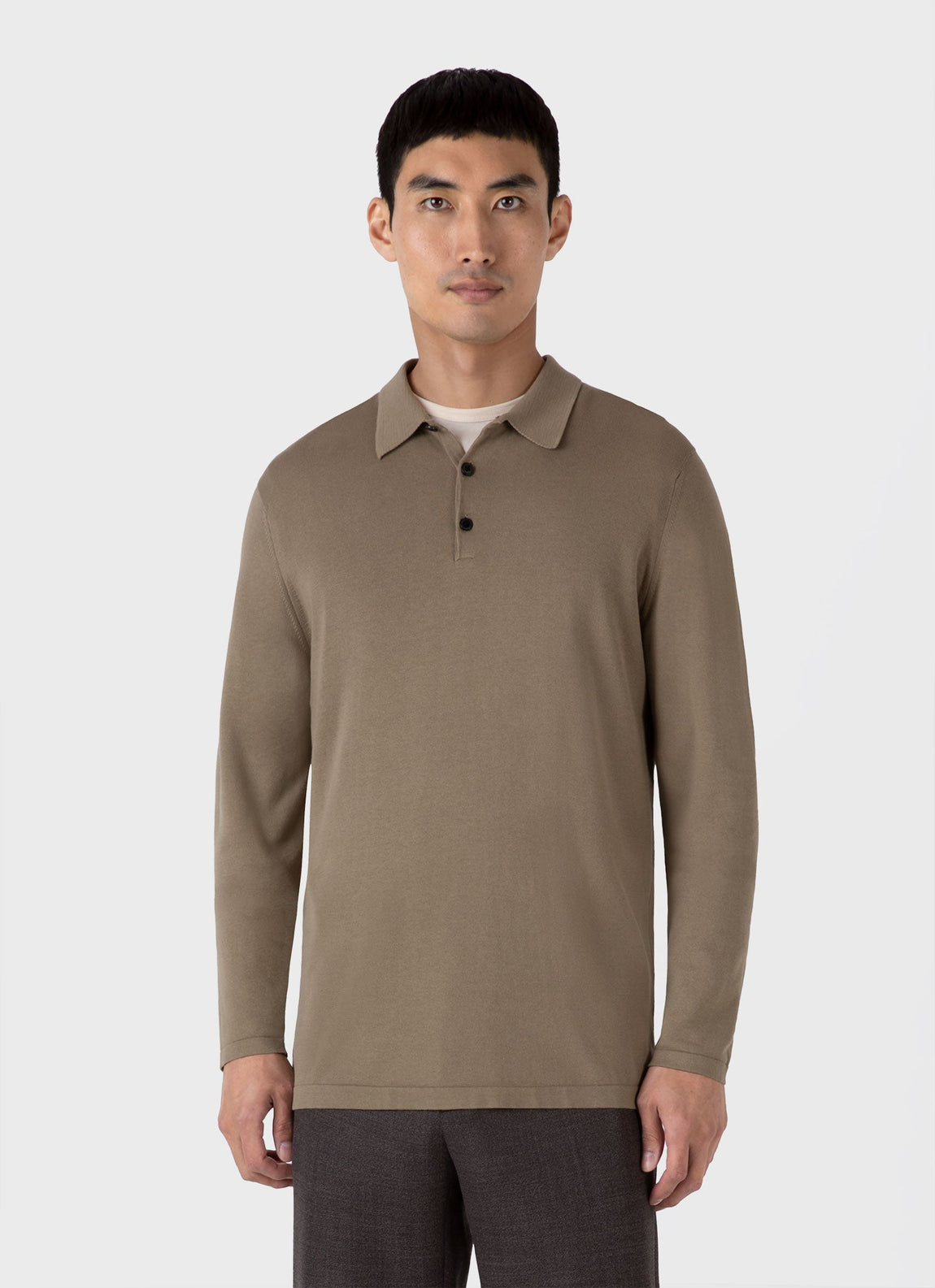 Men's Long Sleeve Sea Island Cotton Knit Polo Shirt in Dark Stone