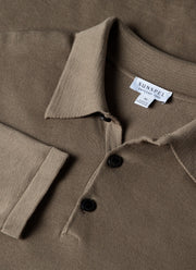 Men's Long Sleeve Sea Island Cotton Knit Polo Shirt in Dark Stone