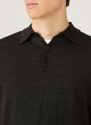 Men's Extra-Fine Merino Knitted Polo Shirt in Charcoal Melange