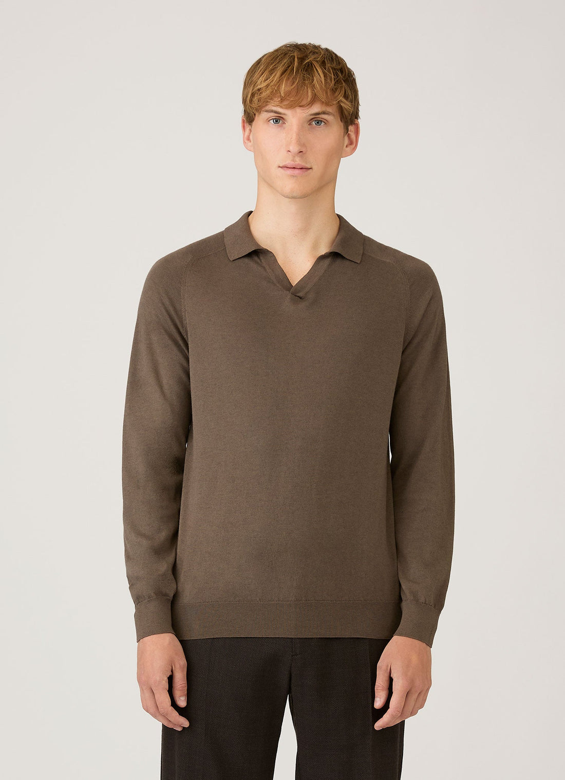 Men's Sea Island Cashmere Knitted Polo in Bark