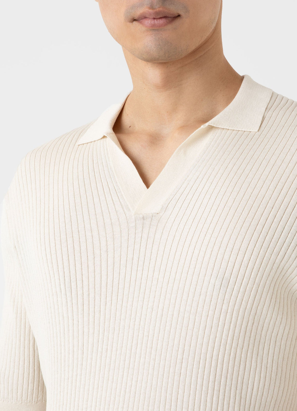 Men's Fine Rib Silk Cotton Polo Shirt in Ecru