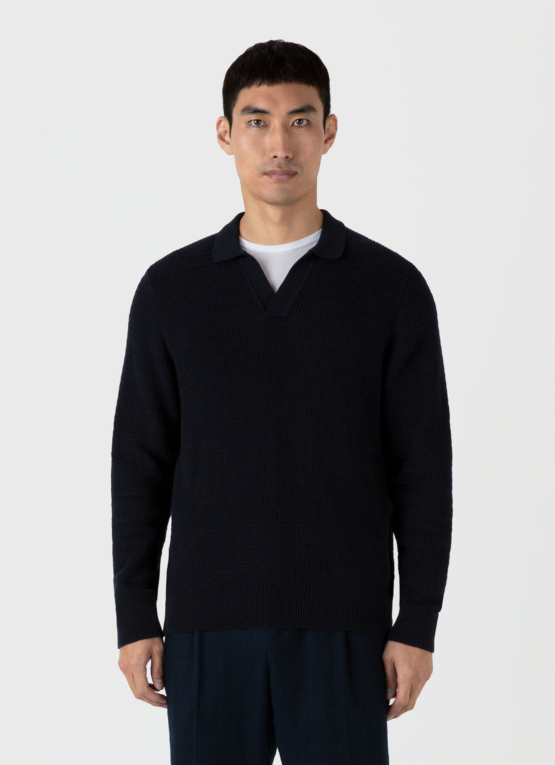Men's Long Sleeve Textured Cotton Polo Shirt in Navy