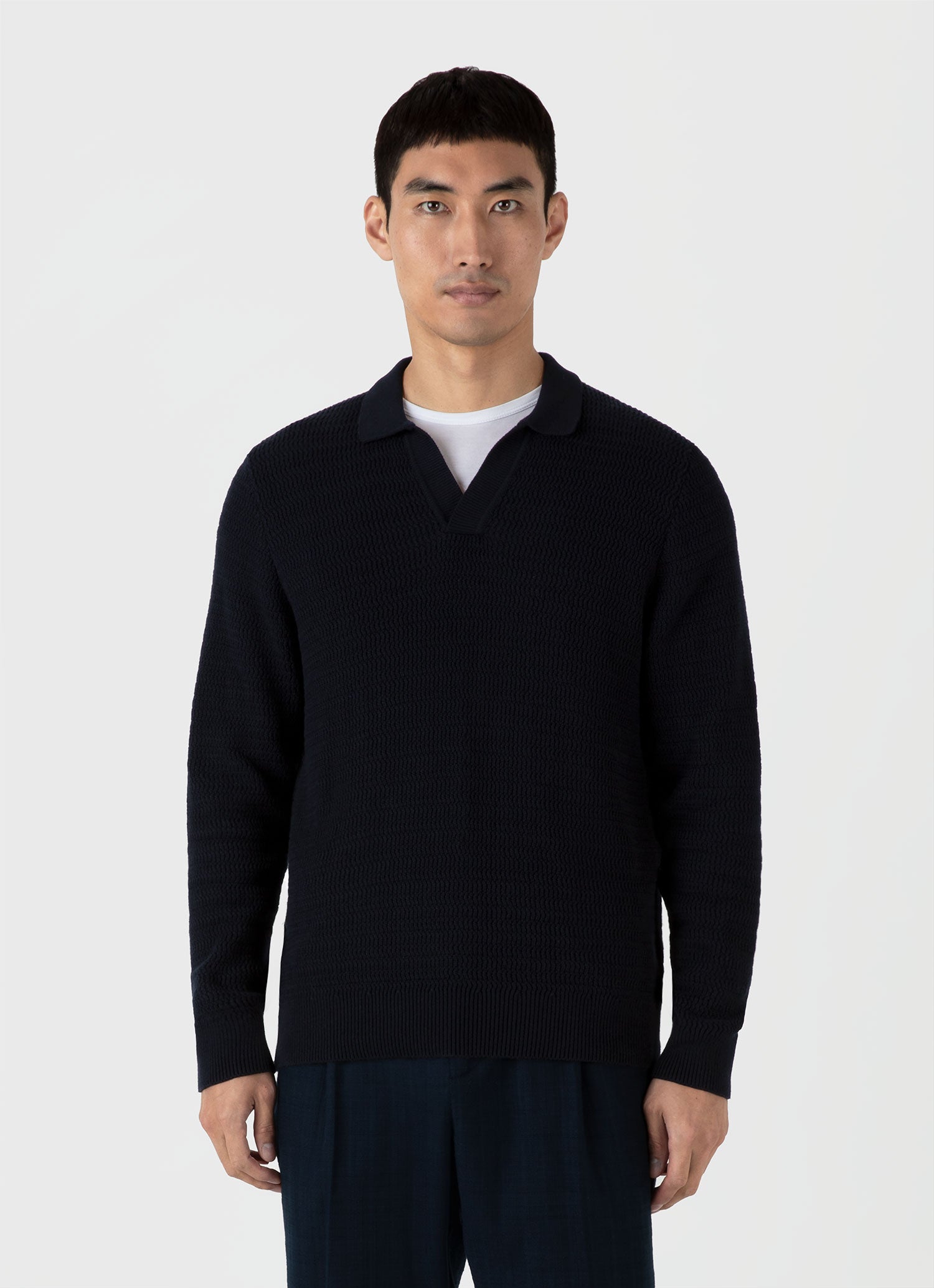 Men's Long Sleeve Textured Cotton Polo Shirt in Navy