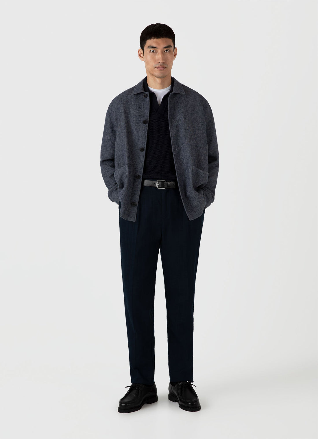 Men's Long Sleeve Textured Cotton Polo Shirt in Navy