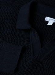 Men's Long Sleeve Textured Cotton Polo Shirt in Navy