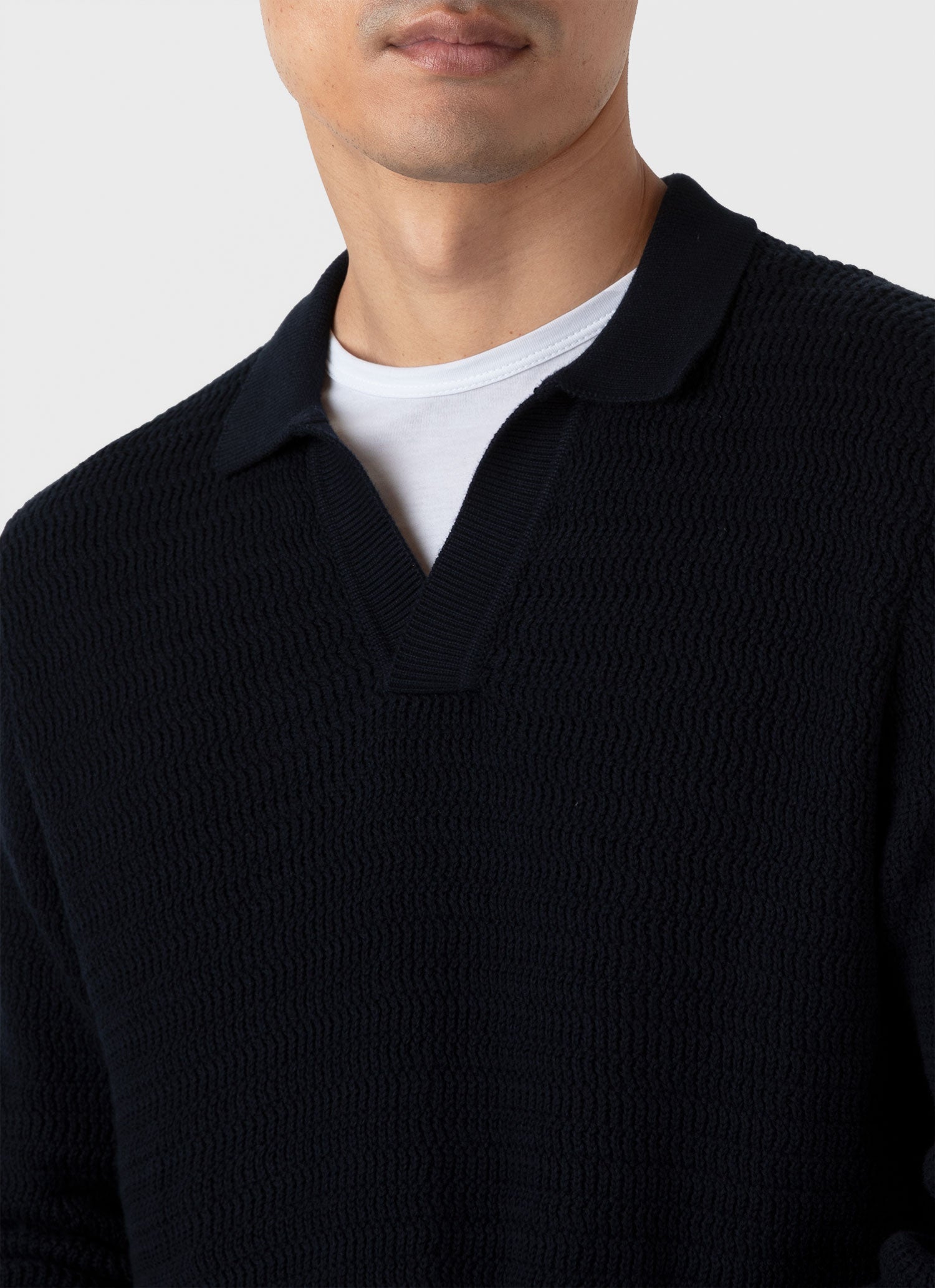 Men's Long Sleeve Textured Cotton Polo Shirt in Navy