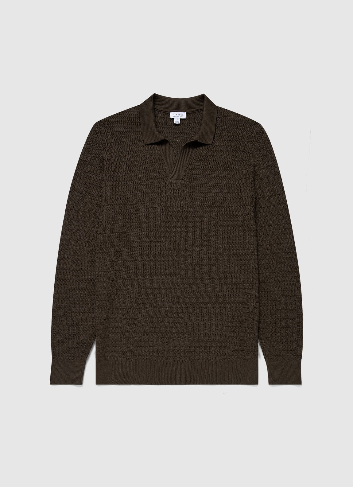 Men's Long Sleeve Textured Cotton Polo Shirt in Khaki