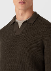 Men's Long Sleeve Textured Cotton Polo Shirt in Khaki