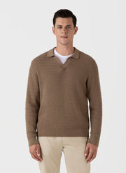 Men's Long Sleeve Textured Cotton Polo Shirt in Dark Stone