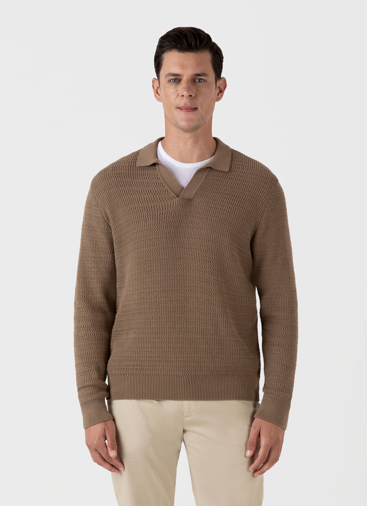 Men's Long Sleeve Textured Cotton Polo Shirt in Dark Stone