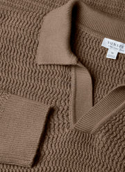 Men's Long Sleeve Textured Cotton Polo Shirt in Dark Stone