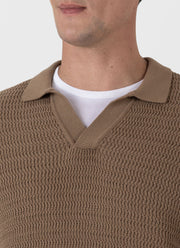 Men's Long Sleeve Textured Cotton Polo Shirt in Dark Stone