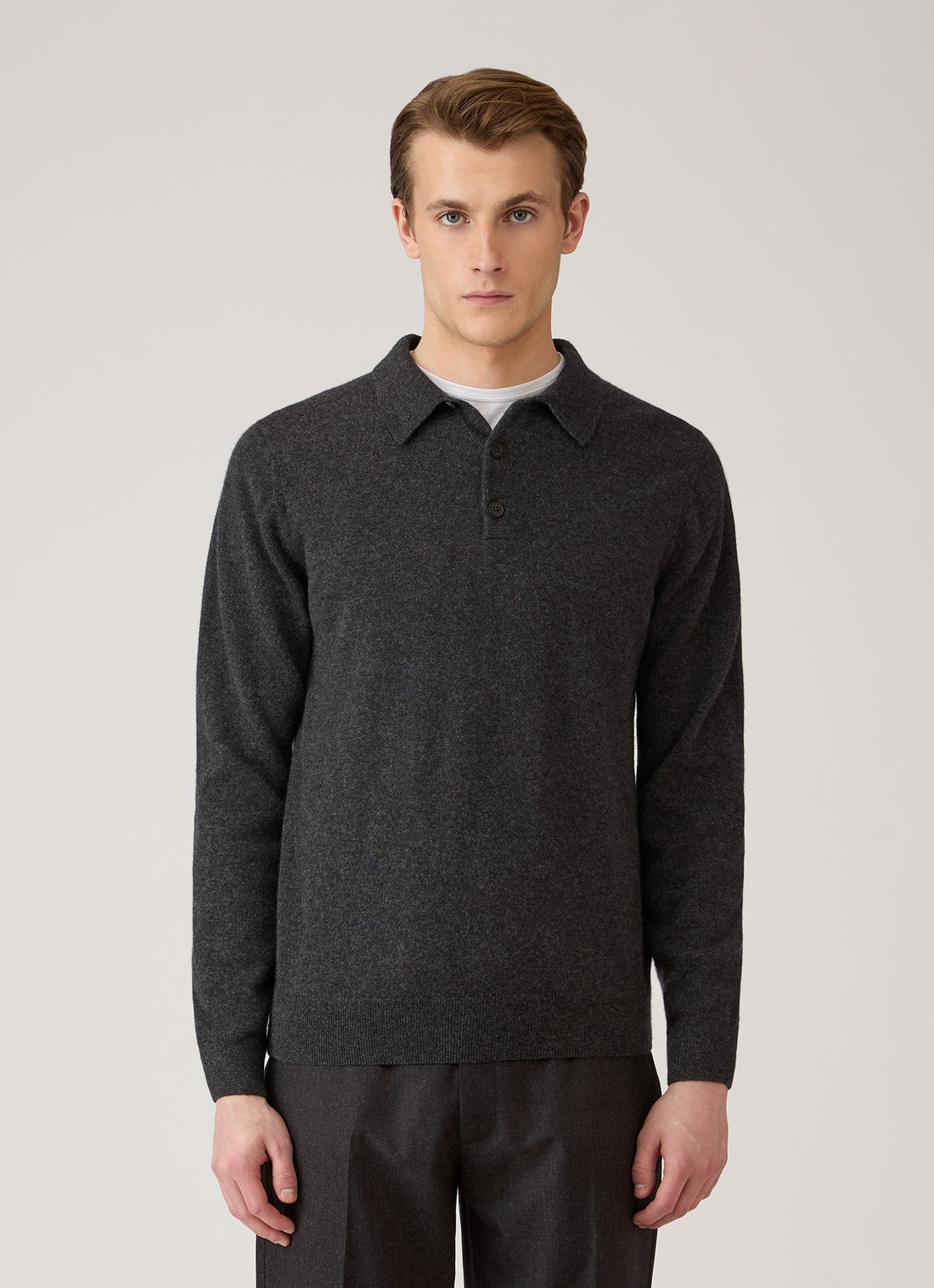 Men's Cashmere Knitted Polo Shirt in Charcoal Melange