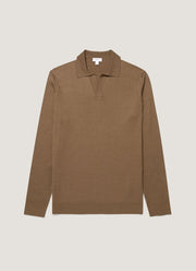 Men's Long Sleeve Fine Rib Silk Cotton Polo in Dark Cedar