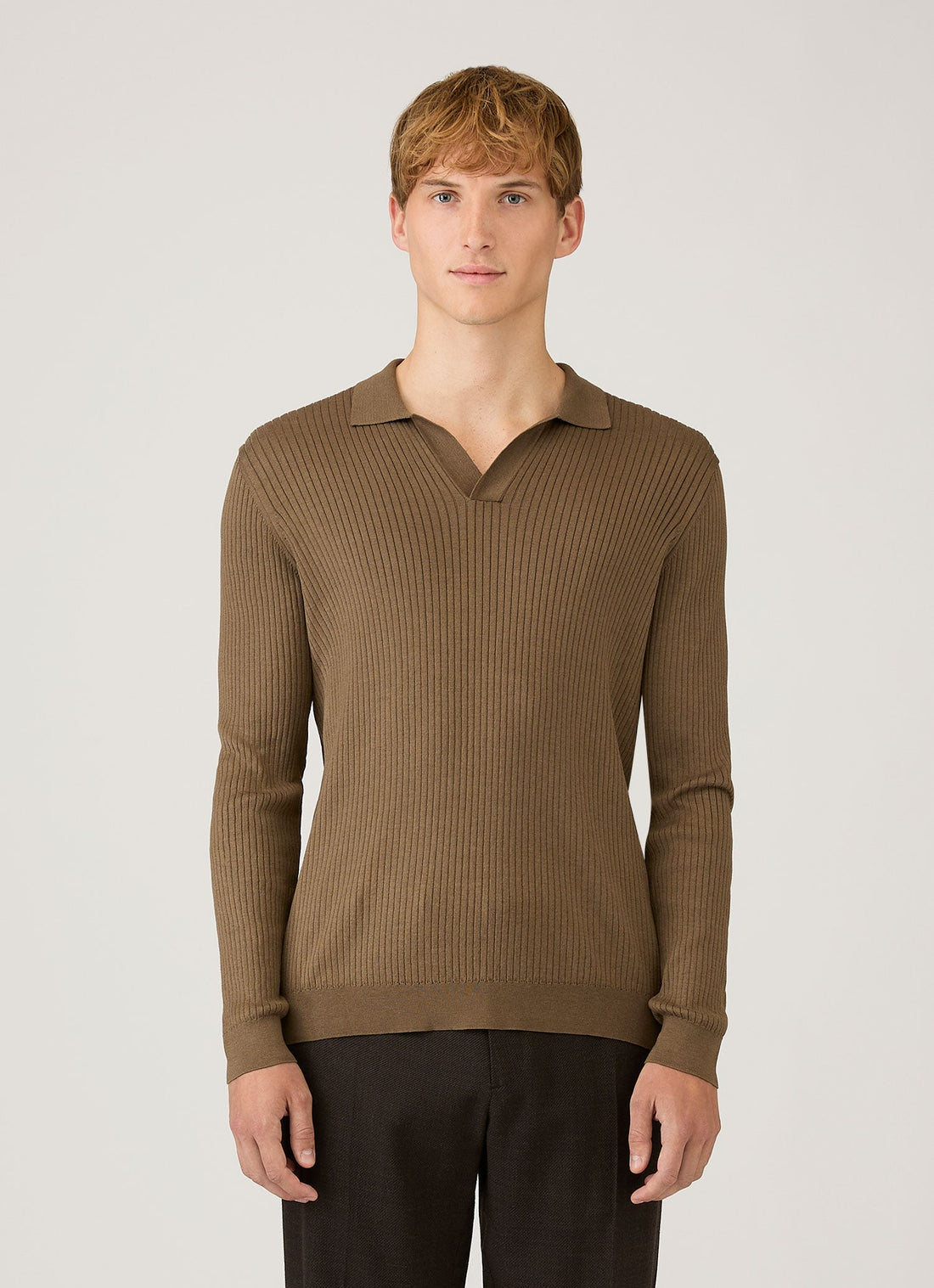 Men's Long Sleeve Fine Rib Silk Cotton Polo in Dark Cedar