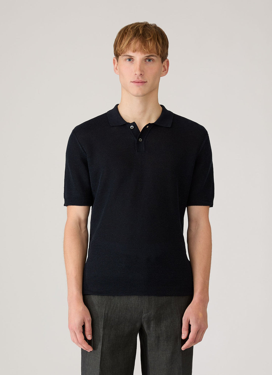 Men's Silk Linen Honeycomb Polo in Light Navy