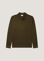 Men's Extra-Fine Merino Knitted Polo Shirt in Loden Green
