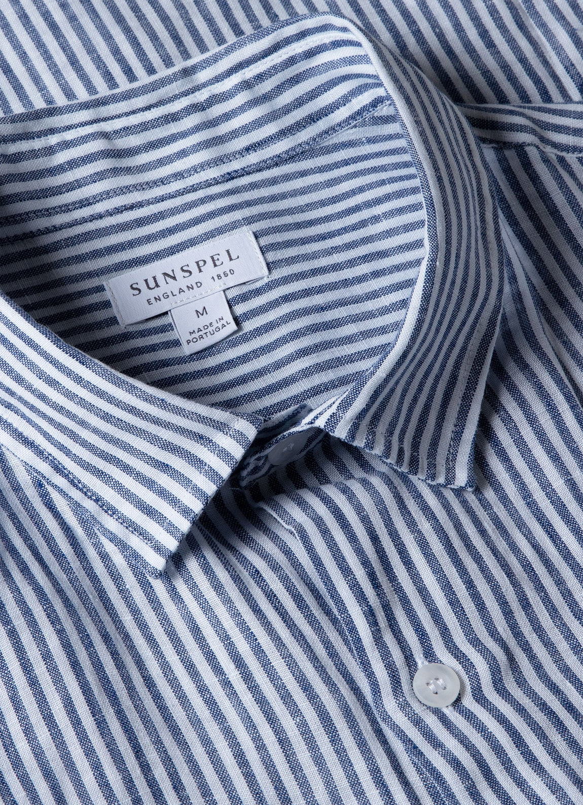 Men's Short Sleeve Linen Shirt in Navy/White Classic Stripe