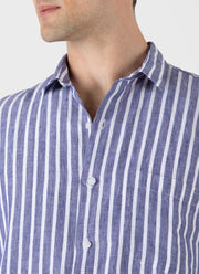 Men's Short Sleeve Linen Shirt in Navy/White