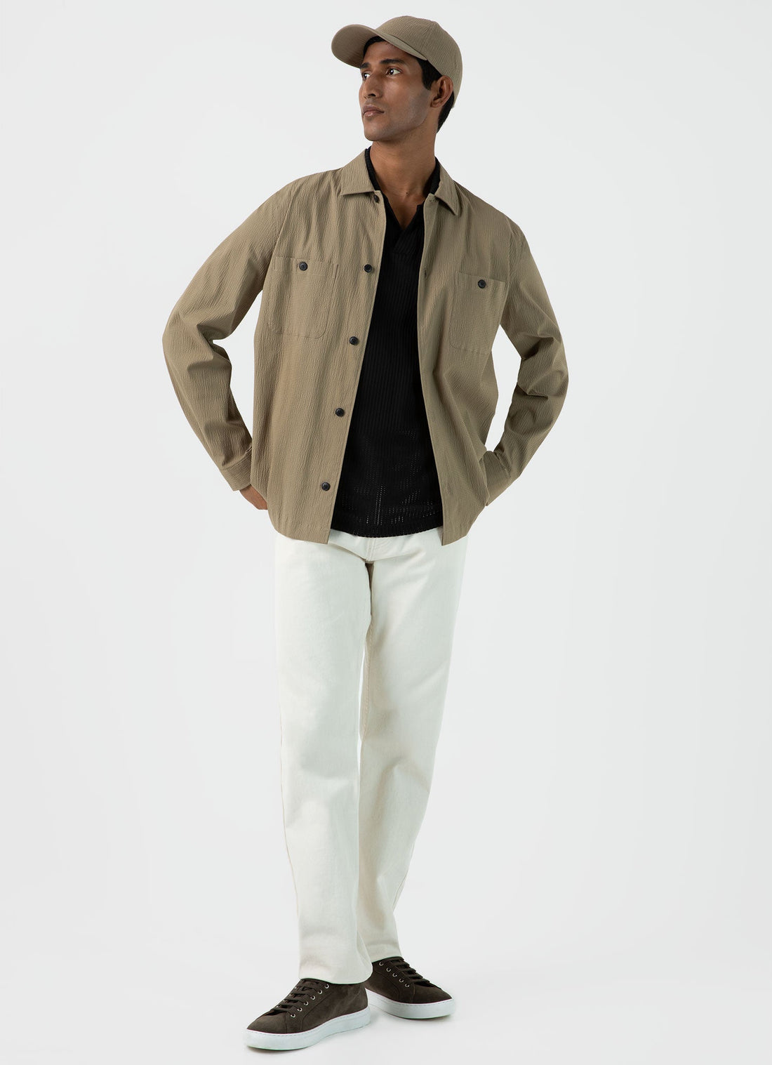 Men's Seersucker Overshirt in Dark Stone