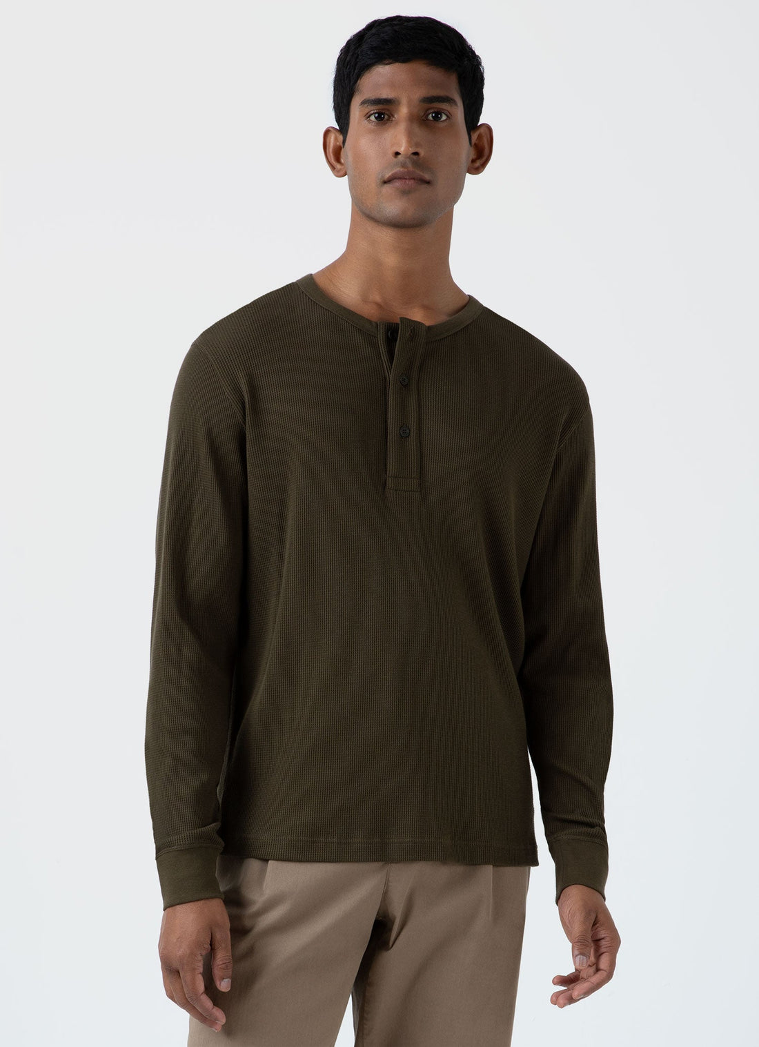 Men's Long Sleeve Waffle Henley in Dark Olive