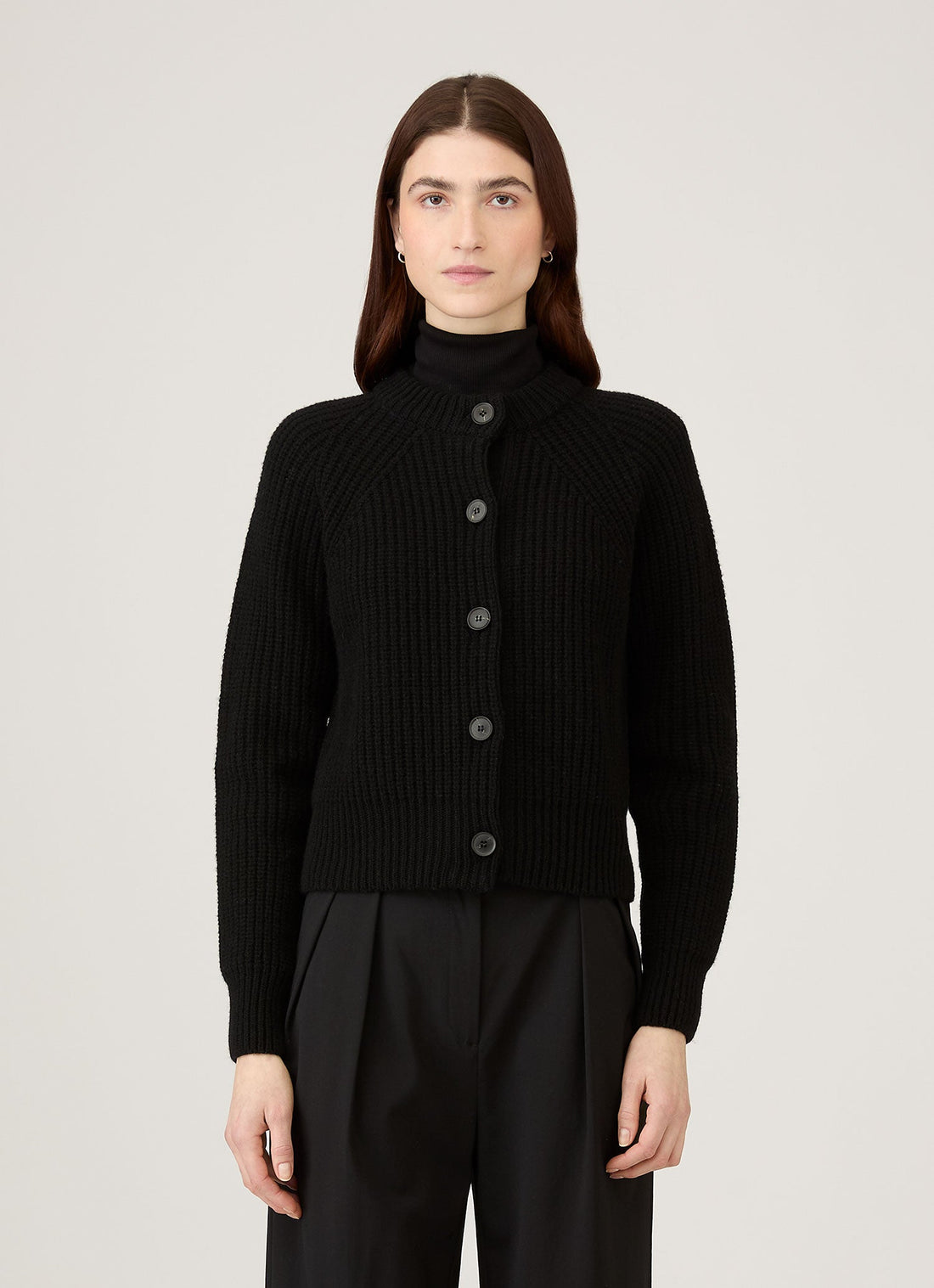 Women's Ribbed Crew Neck Cardigan in Black