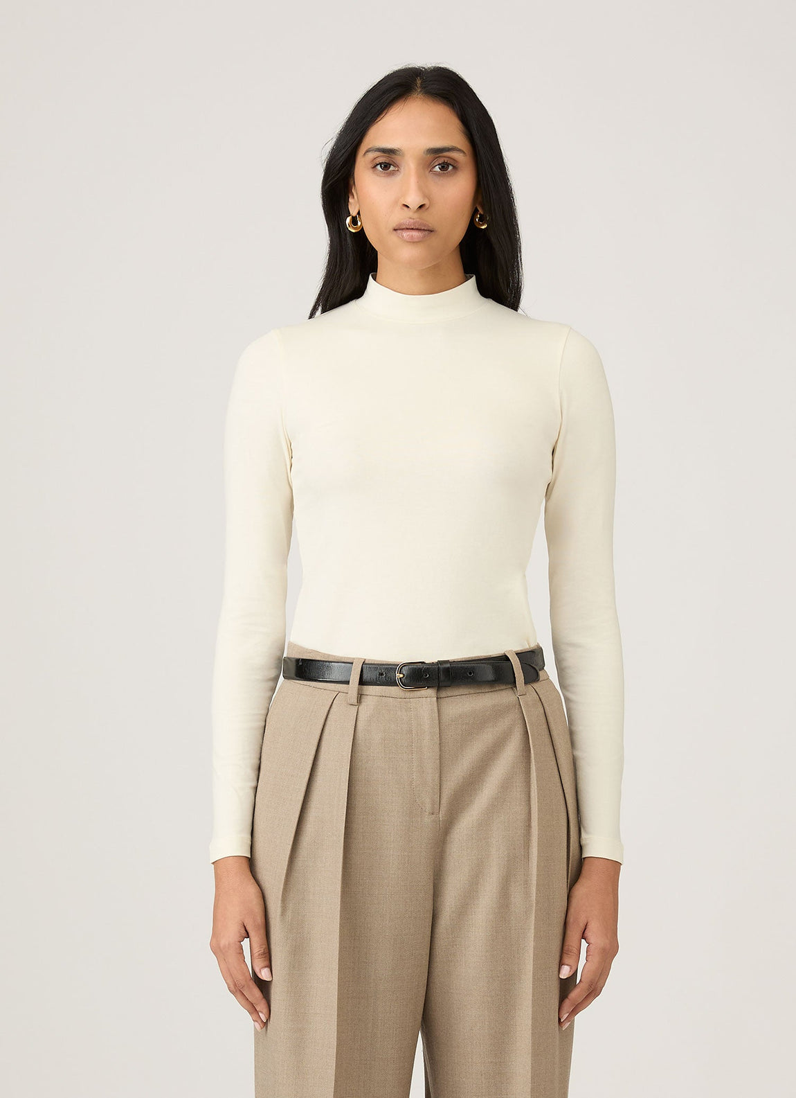 Women's Stretch Cotton Mock Neck Top in Ecru