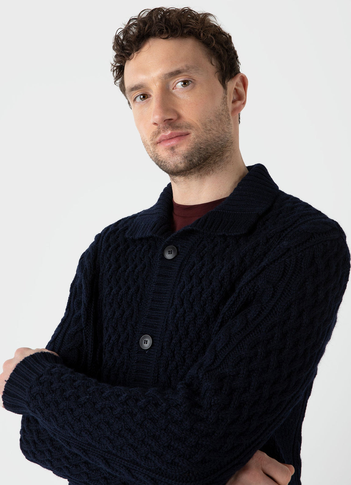 Men's Cable Knit Cardigan Jacket in Navy
