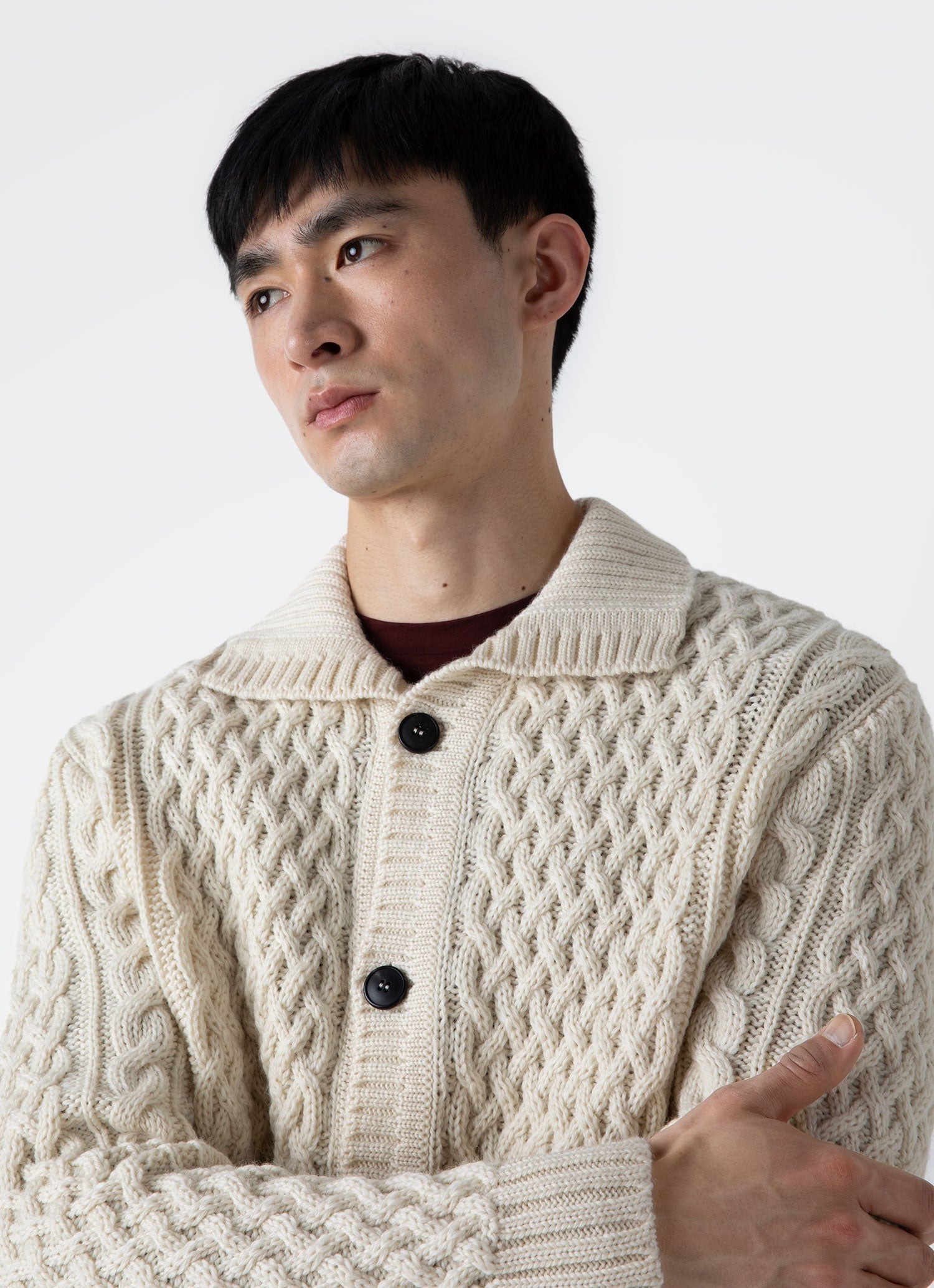Men's Cable Knit Cardigan Jacket in Ecru