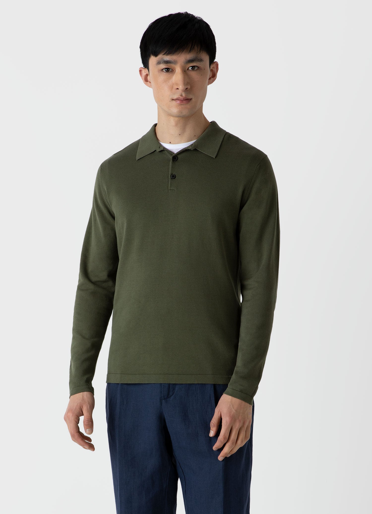 Men's Long Sleeve Sea Island Cotton Knit Polo Shirt in Hunter Green