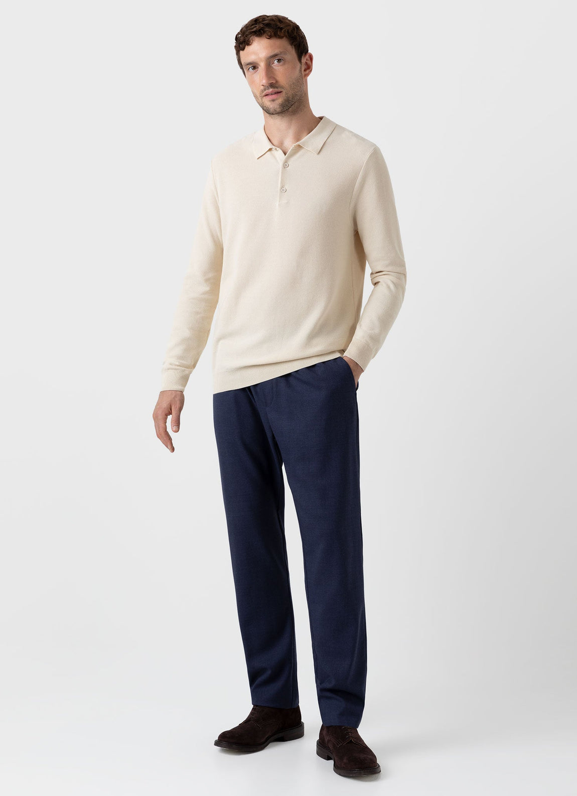 Men's Knit Long Sleeve Polo Shirt in Ecru