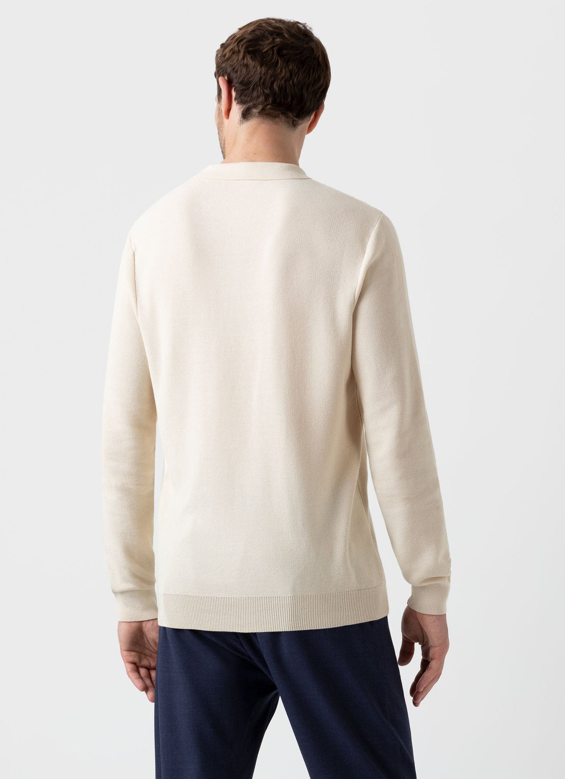 Men's Knit Long Sleeve Polo Shirt in Ecru