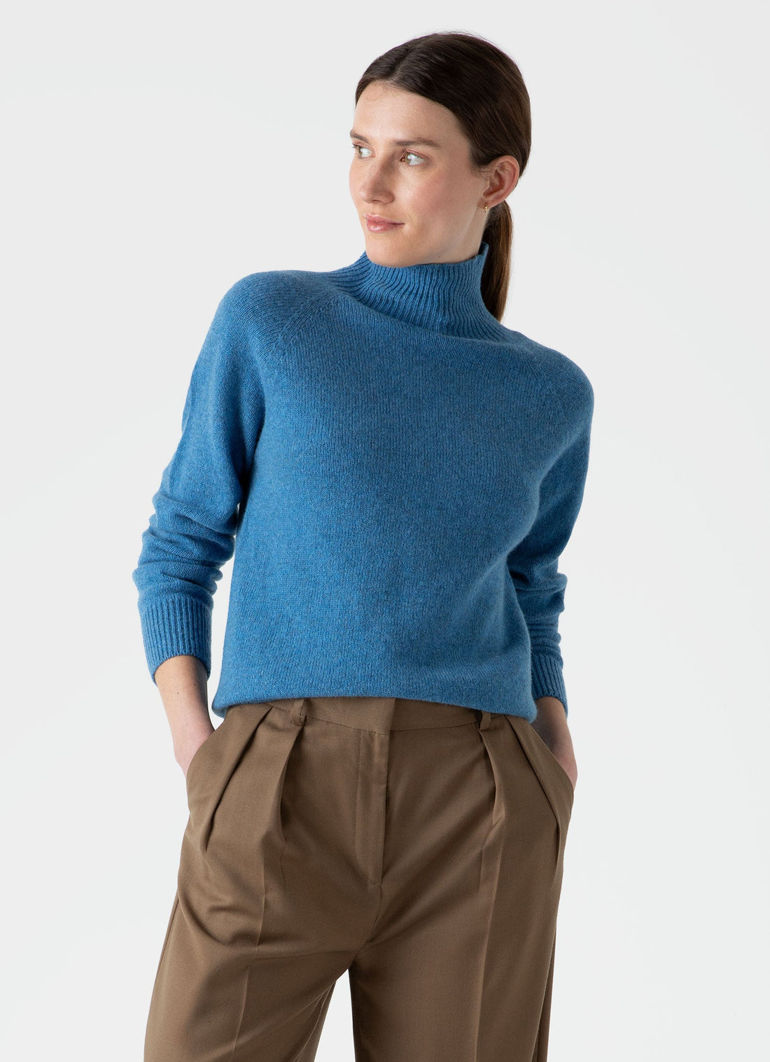 Women's Lambswool Funnel Neck Jumper in Blue Jean