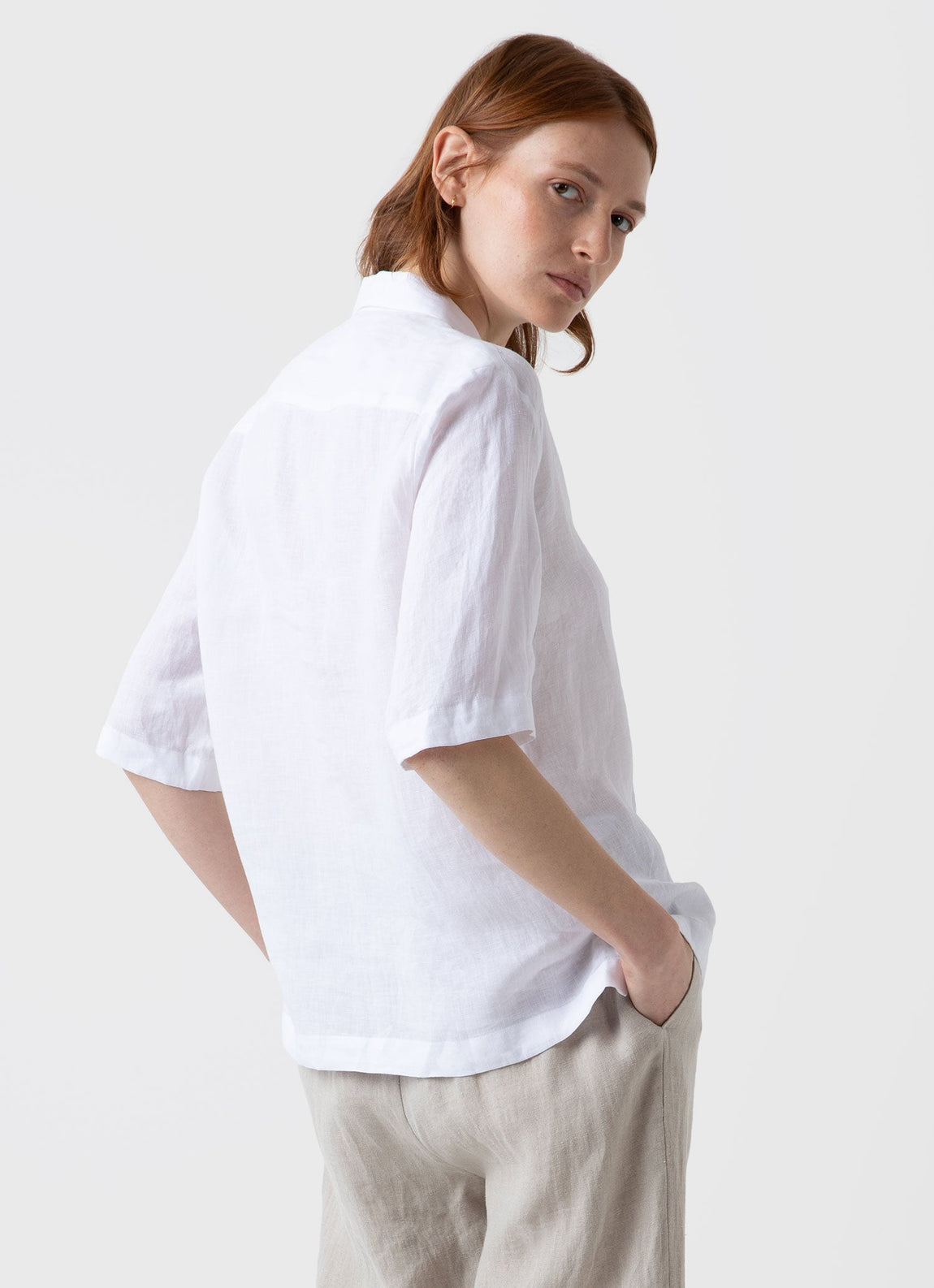 Women's Short Sleeve Linen Shirt in White