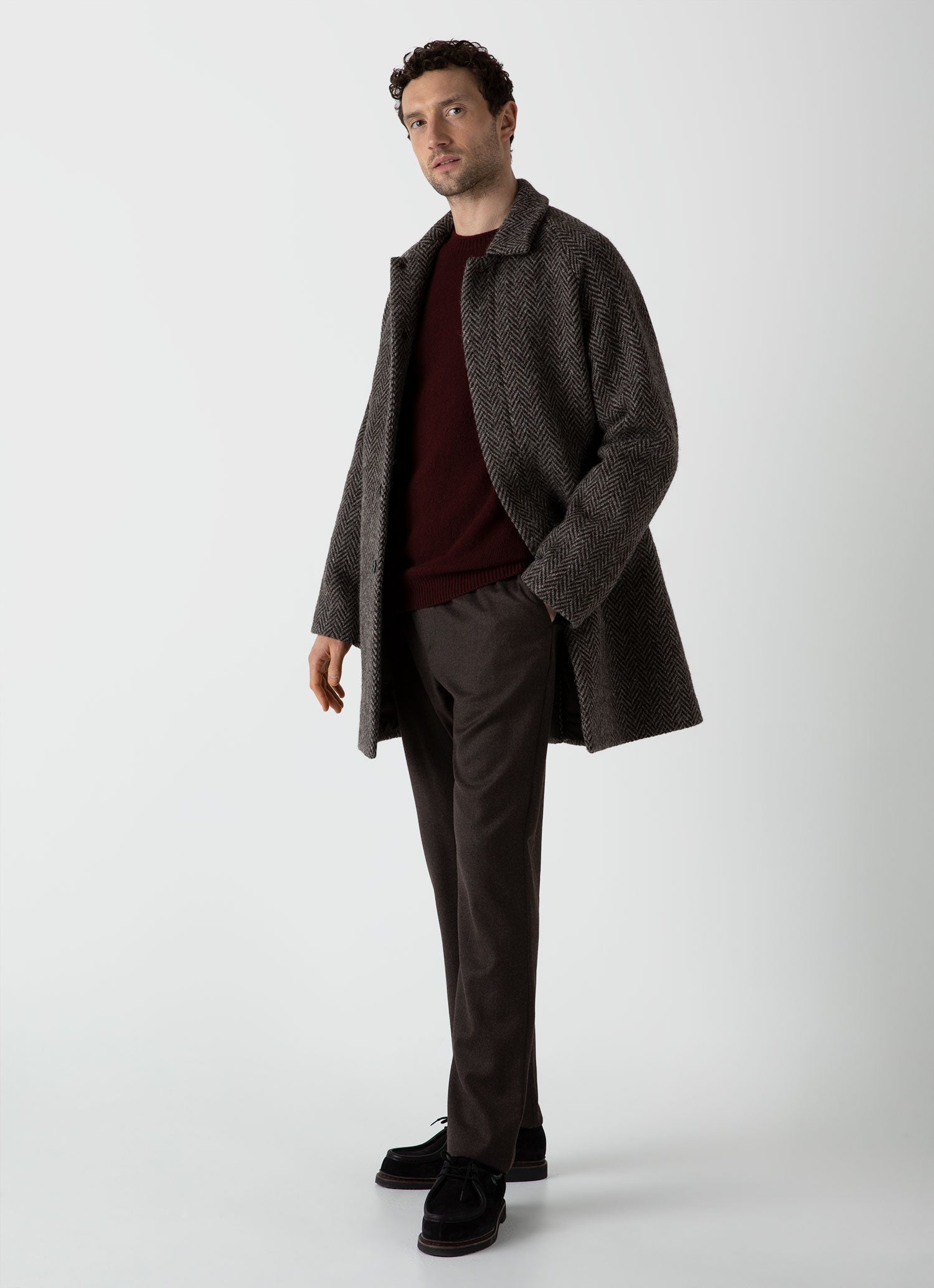 Men's British Wool Car Coat in Brown Herringbone