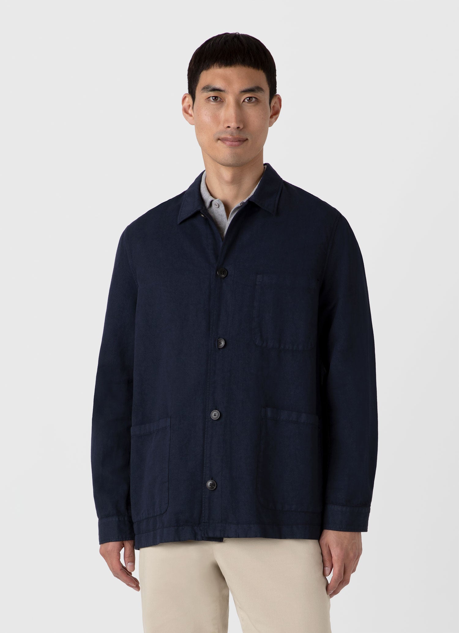 Men s Cotton Linen Twin Pocket Jacket in Navy Sunspel