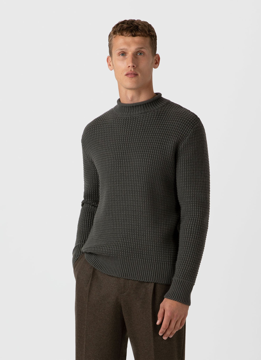 Men's Merino Fisherman Jumper in Khaki