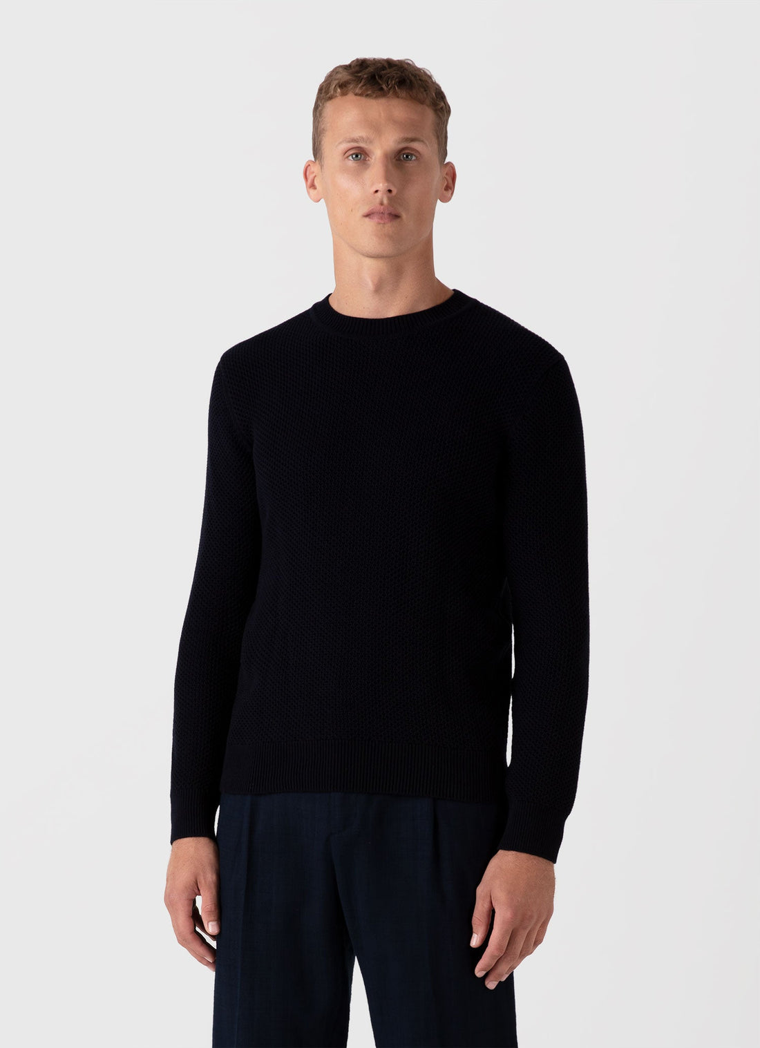 Men's Honeycomb Cotton Crew Neck Jumper in Navy