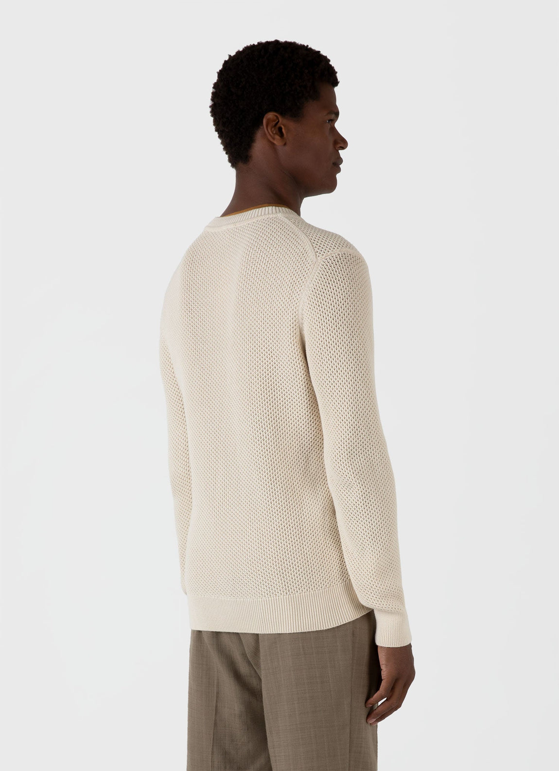 Men's Honeycomb Cotton Crew Neck Jumper in Ecru